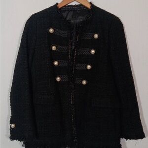 ZARA WOMAN Black Military Tweed Jacket w/ Pearl Buttons - Lined Open Front Sz M
